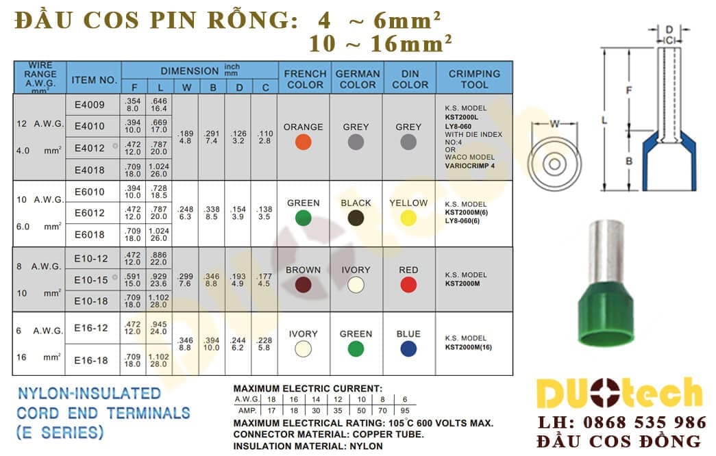 đầu cos pin rỗng e4010; đầu cosse pin rỗng kst e4018; cos dây tín hiệu e4010 kst; mua cos pin dây 4mm e4018; mua cos pin rỗng 4mm kst