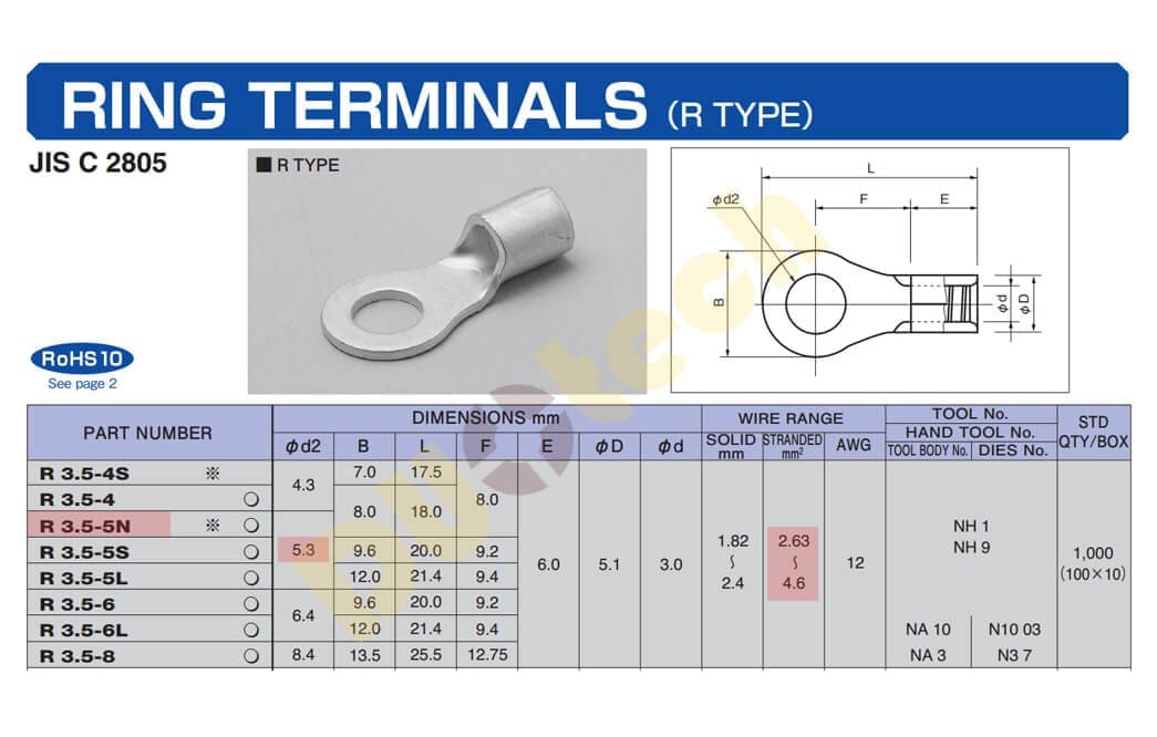 đầu cos tròn nichifu r3.5-5n; cosse tròn nichifu r3.5-5n; đầu cốt đồng tròn nichifu r3.5-5n; r3.5-5n nichifu ring terminals