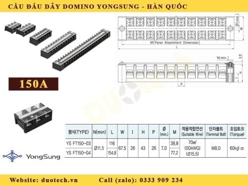 cầu đấu domino yongsung 150a; cầu đấu nối yongsung 150a; domino yongsung 150a 3 cực; domino yongsung 150a 3P;