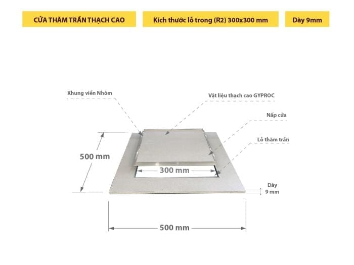 cửa thăm trần thạch cao duo-cap300x9; cửa thăm trần tiêu chuẩn duo-cap300x9; tấm thăm trần thạch cao 300x300; tấm thăm trần 300x300mm 1 lớp; nắp thăm trần 300x300; lỗ thăm trần thạch cao 300x300