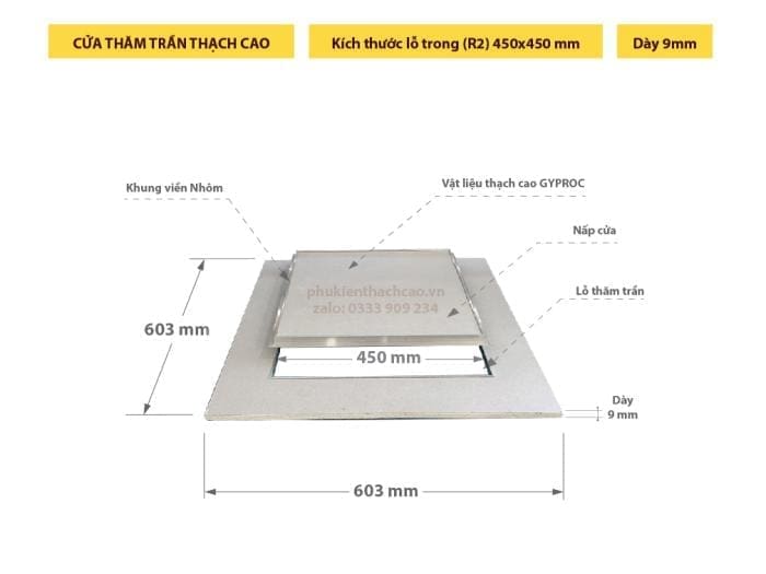 cửa thăm trần thạch cao duo-cap450x9; cửa thăm trần tiêu chuẩn duo-cap450x9; tấm thăm trần thạch cao 450x450; tấm thăm trần 450x450mm 1 lớp; nắp thăm trần 450x450; lỗ thăm trần thạch cao 450x450;