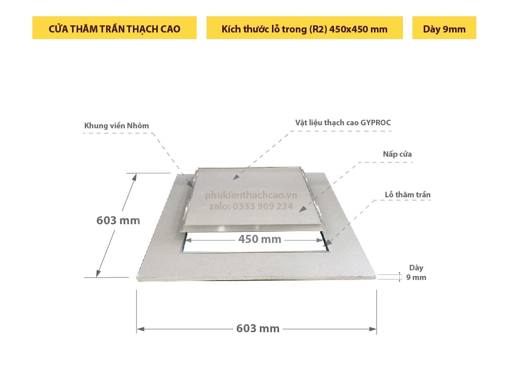 cửa thăm trần thạch cao duo-cap450x9; cửa thăm trần tiêu chuẩn duo-cap450x9; tấm thăm trần thạch cao 450x450; tấm thăm trần 450x450mm 1 lớp; nắp thăm trần 450x450; lỗ thăm trần thạch cao 450x450;