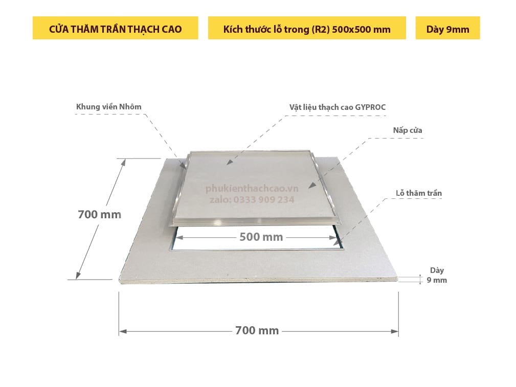 cửa thăm trần thạch cao duo-cap500x9; cửa thăm trần tiêu chuẩn duo-cap500x9; tấm thăm trần thạch cao 500x500; tấm thăm trần 500x500mm 1 lớp; nắp thăm trần 500x500; lỗ thăm trần thạch cao 500x500;