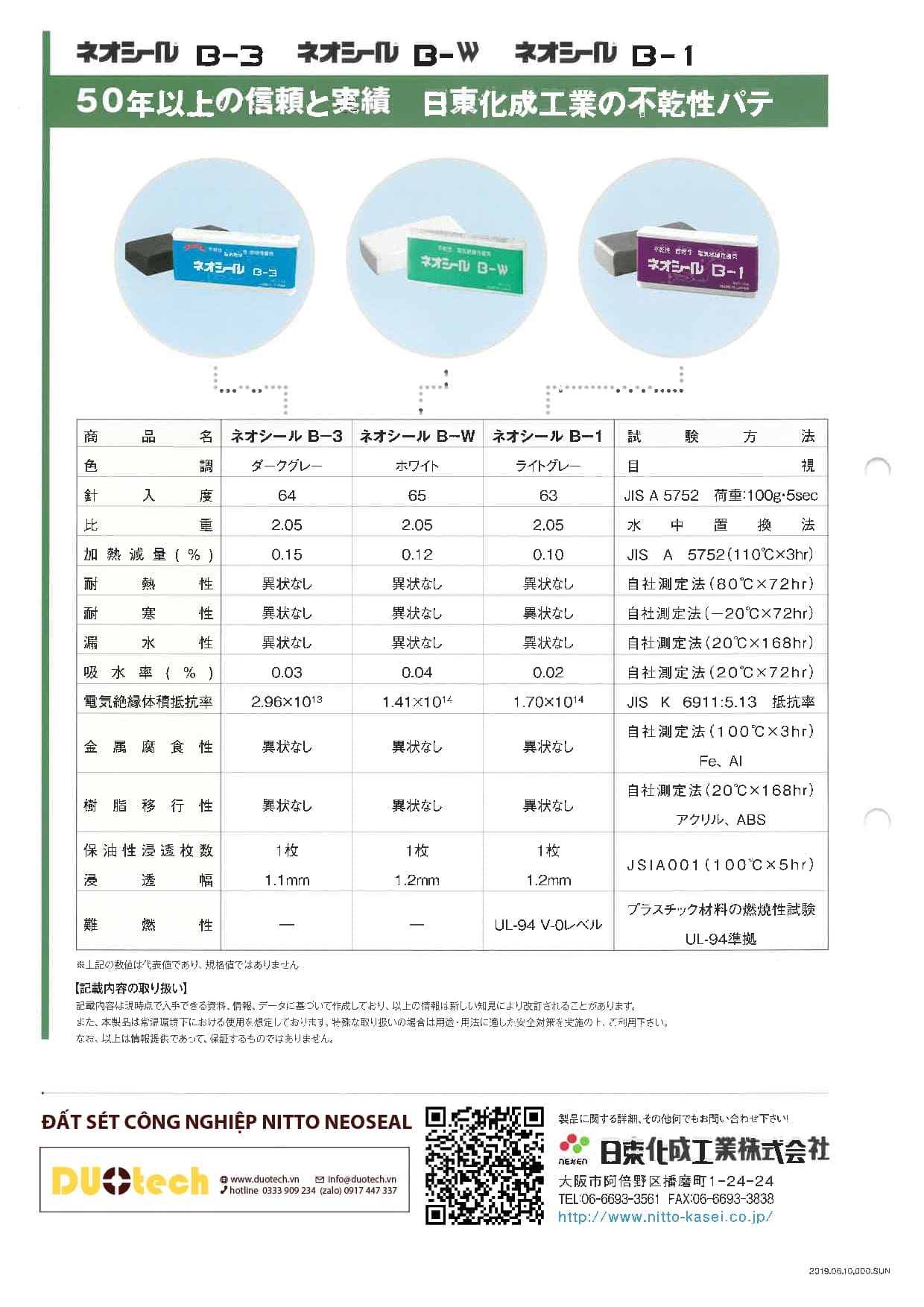 Bảng thông số kỹ thuật sản phẩm Catalogue đất sét công nghiệp loại Neoseal B3 B-3 xuất xứ nhật bản dùng bịt kín khe hở trám trít tủ bảng điện, được nhập khẩu và phân phối chính hãng thương nhãn hiệu brand maker Nitto kasei